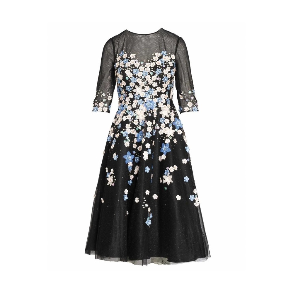 Mac Duggal Black Midi Dress with Blue and White Floral Appliqué